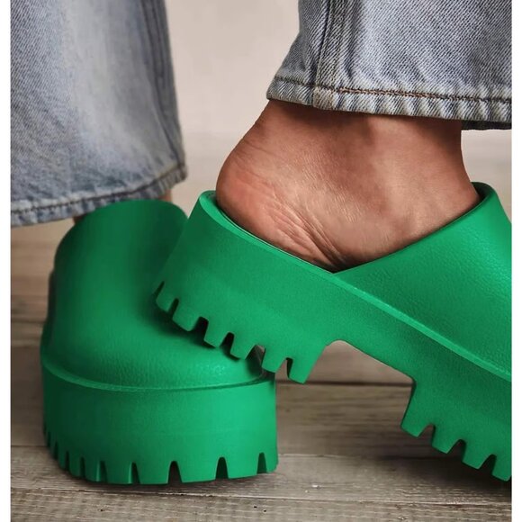 Lili & Oumer Platform Lug Sole Clog Mules Green Slip On Shoes Women's Size 10 - Picture 2 of 11
